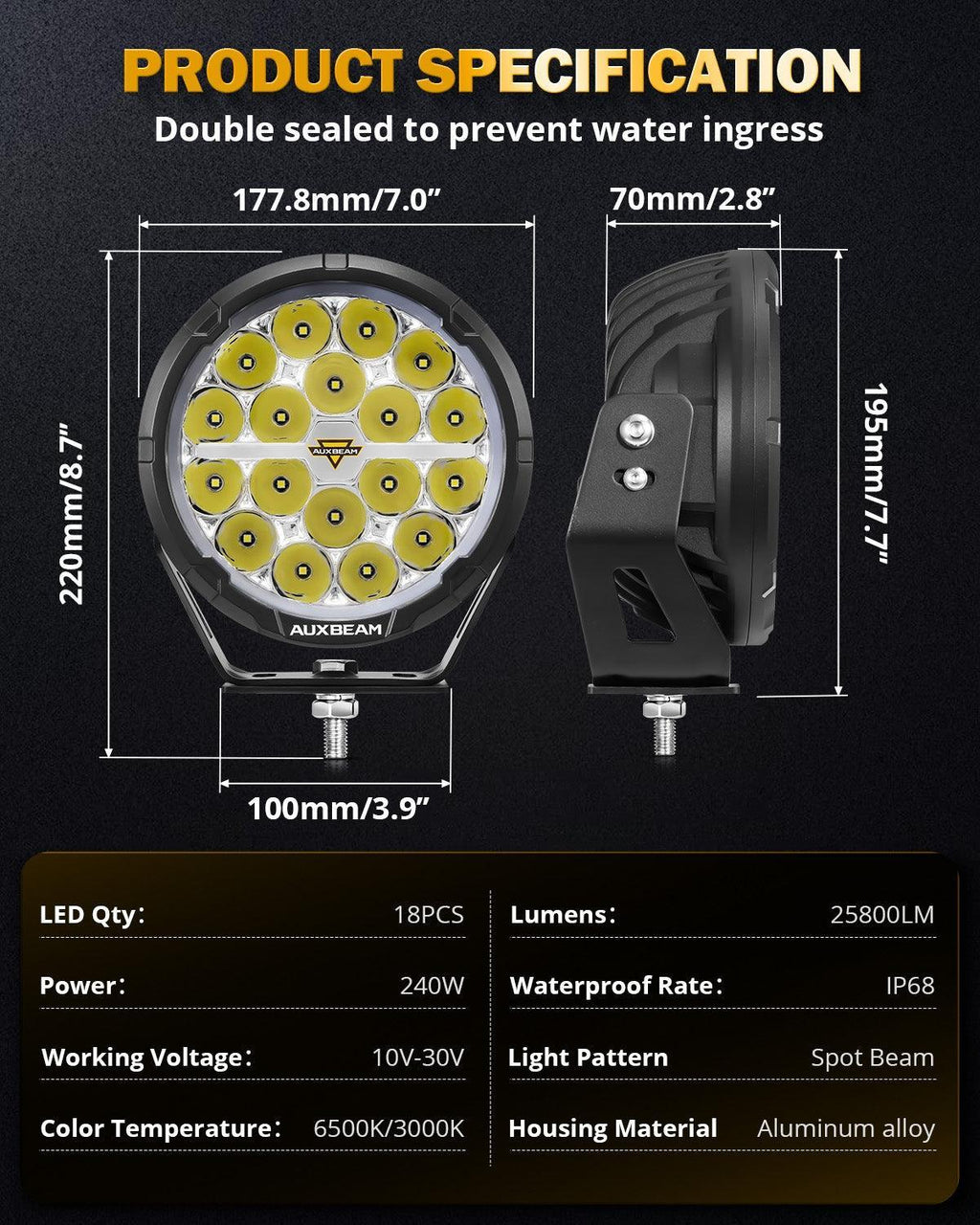 Auxbeam RAY-L Series 7" 240W Dual-DRL Offroad LED Driving Lights (Pair)