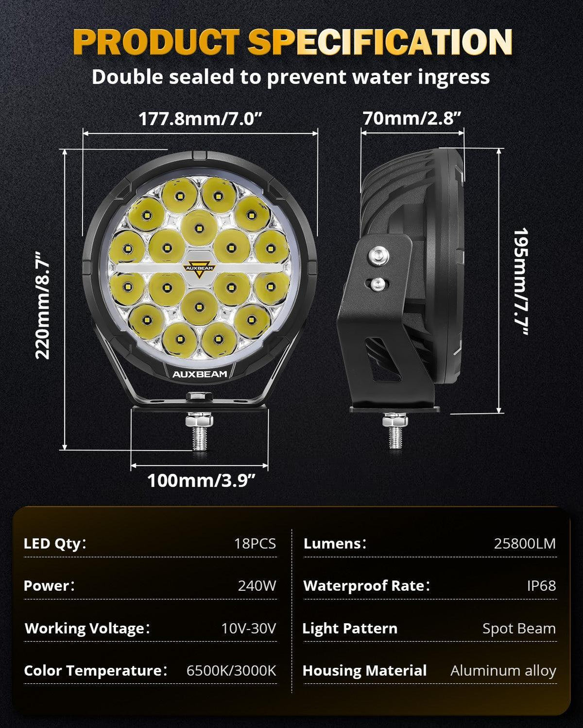 Auxbeam RAY-L Series 7" 240W Dual-DRL Offroad LED Driving Lights (Pair)