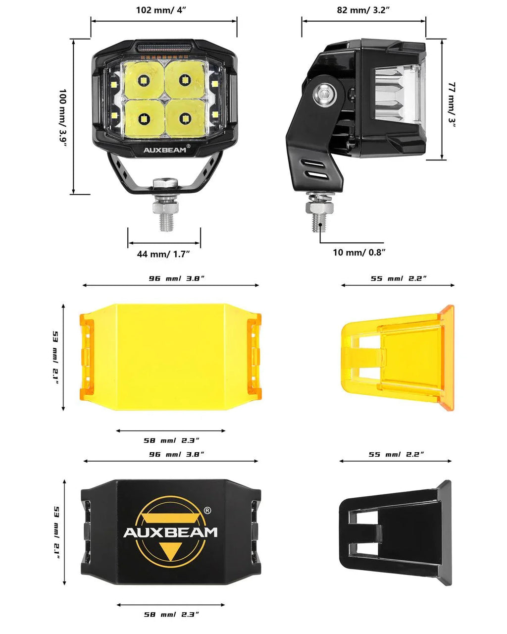 Auxbeam V-MAX Series 4" 92W Square Side-Shooter LED Pods — Amber DRL