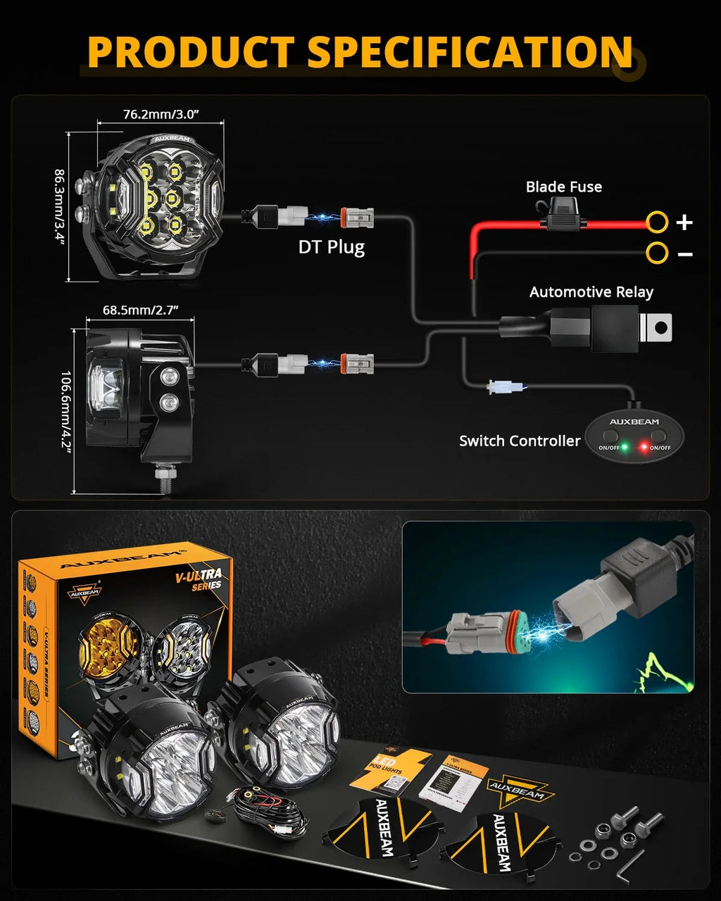 Auxbeam V-ULTRA Series 3" 108W Side-Shooter LED Pods — White + Amber DRL
