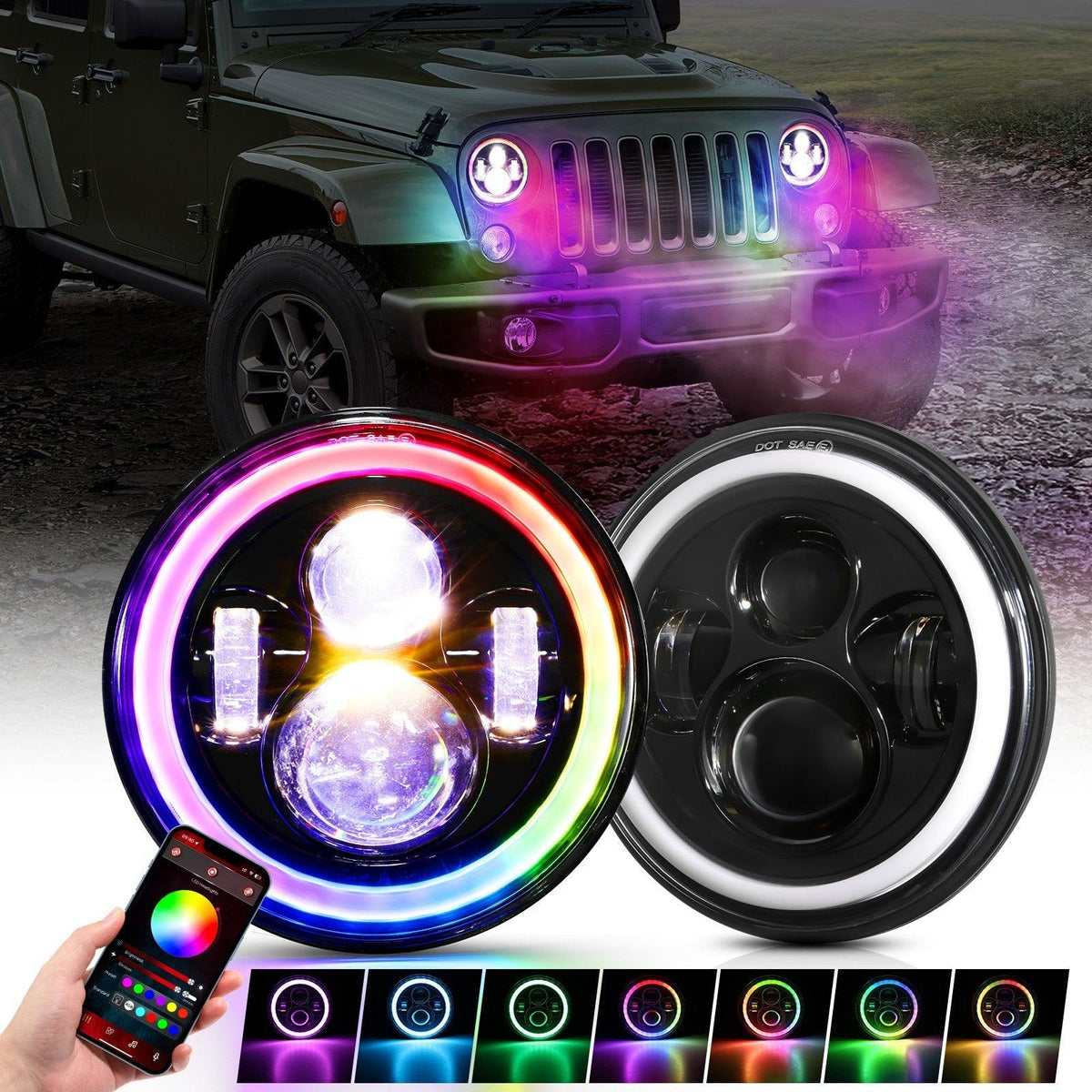 Auxbeam 7 inch RGB halo LED headlights for Jeep Wrangler JK TJ LJ