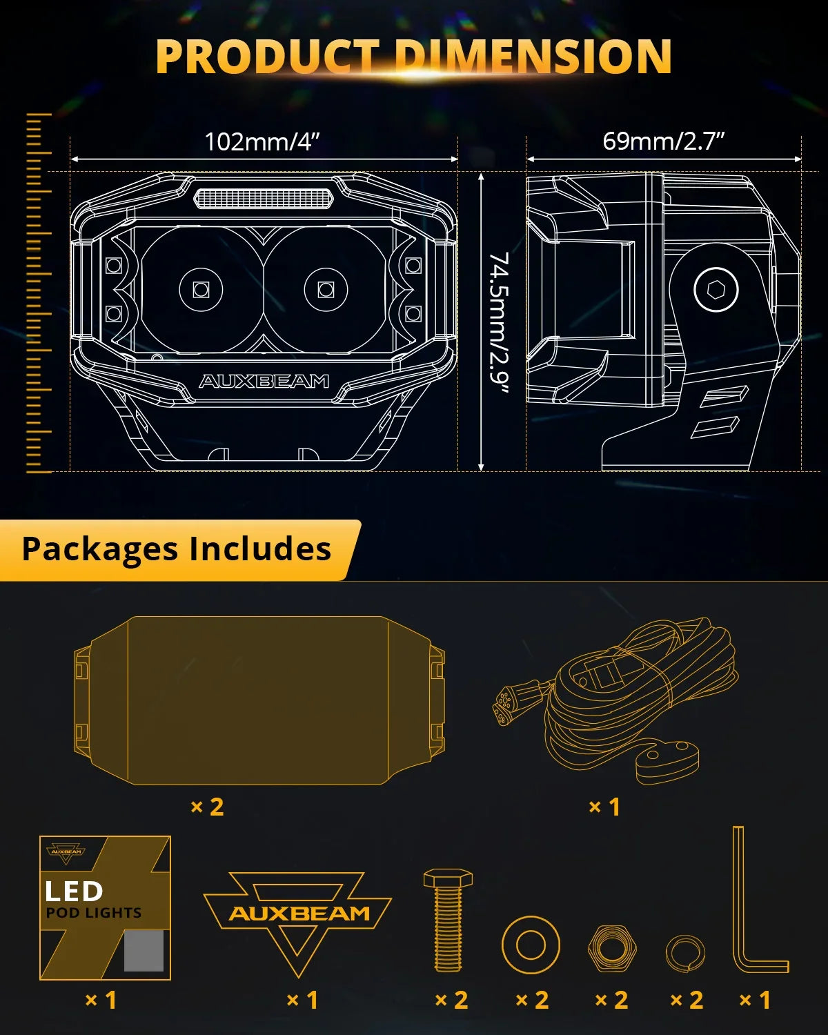 Auxbeam V-MAX Series 4" 72W Rectangular Side-Shooter LED Pods — Amber DRL