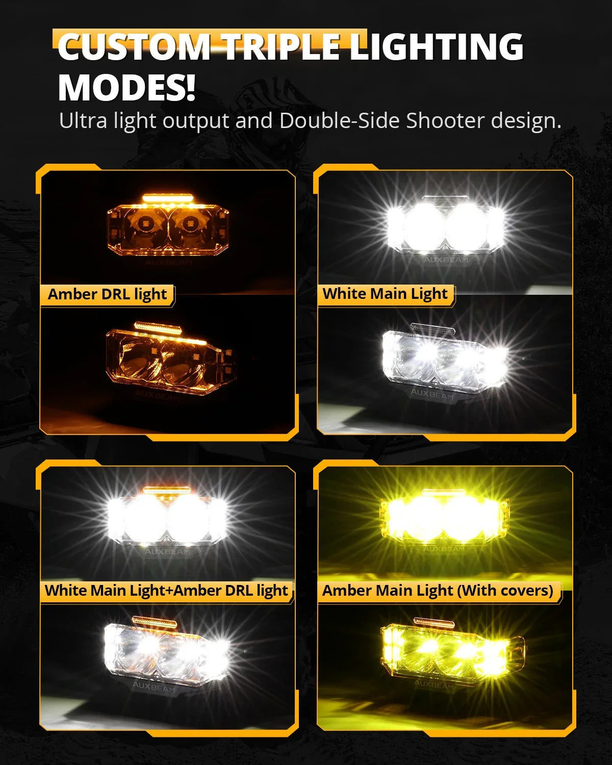 Auxbeam V-MAX Series 4" 72W Rectangular Side-Shooter LED Pods — Amber DRL