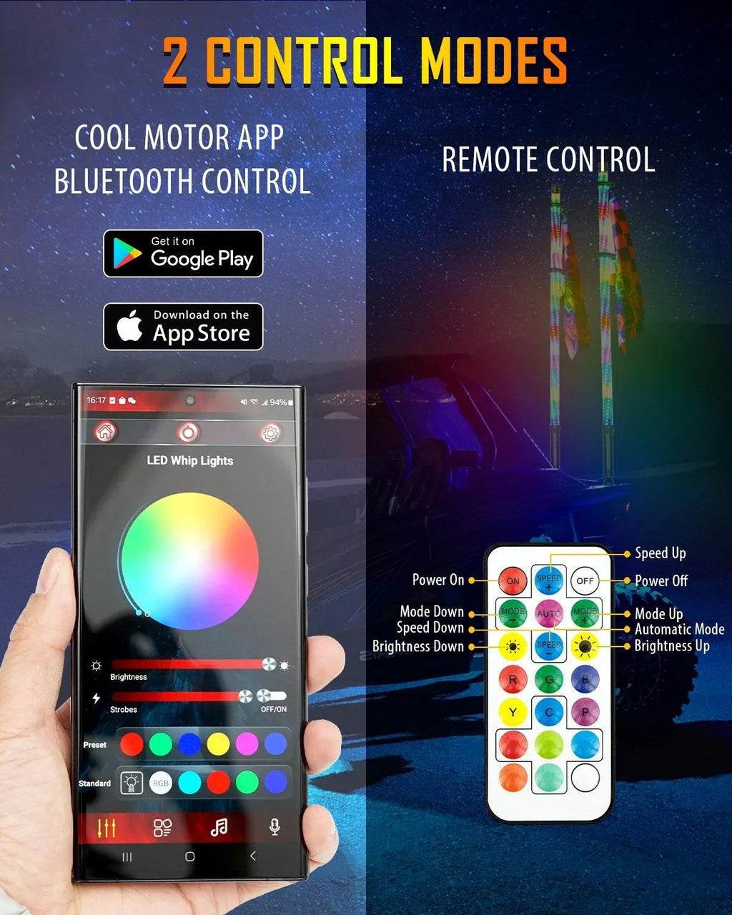 Auxbeam RGB LED Whip Lights — Turn Signal & Brake, Bluetooth App + Remote (Pair)