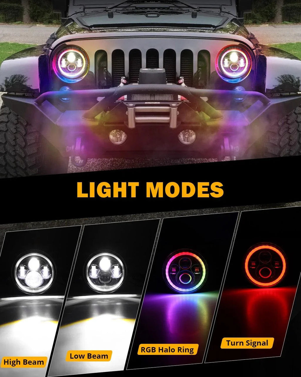 Auxbeam 7" RGB Halo LED Headlights for Jeep Wrangler JK / TJ / LJ (Pair)