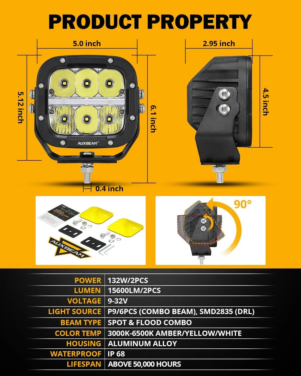 Auxbeam XP-ULTRA 5" 132W White/Amber Combo LED Pods with Amber DRL