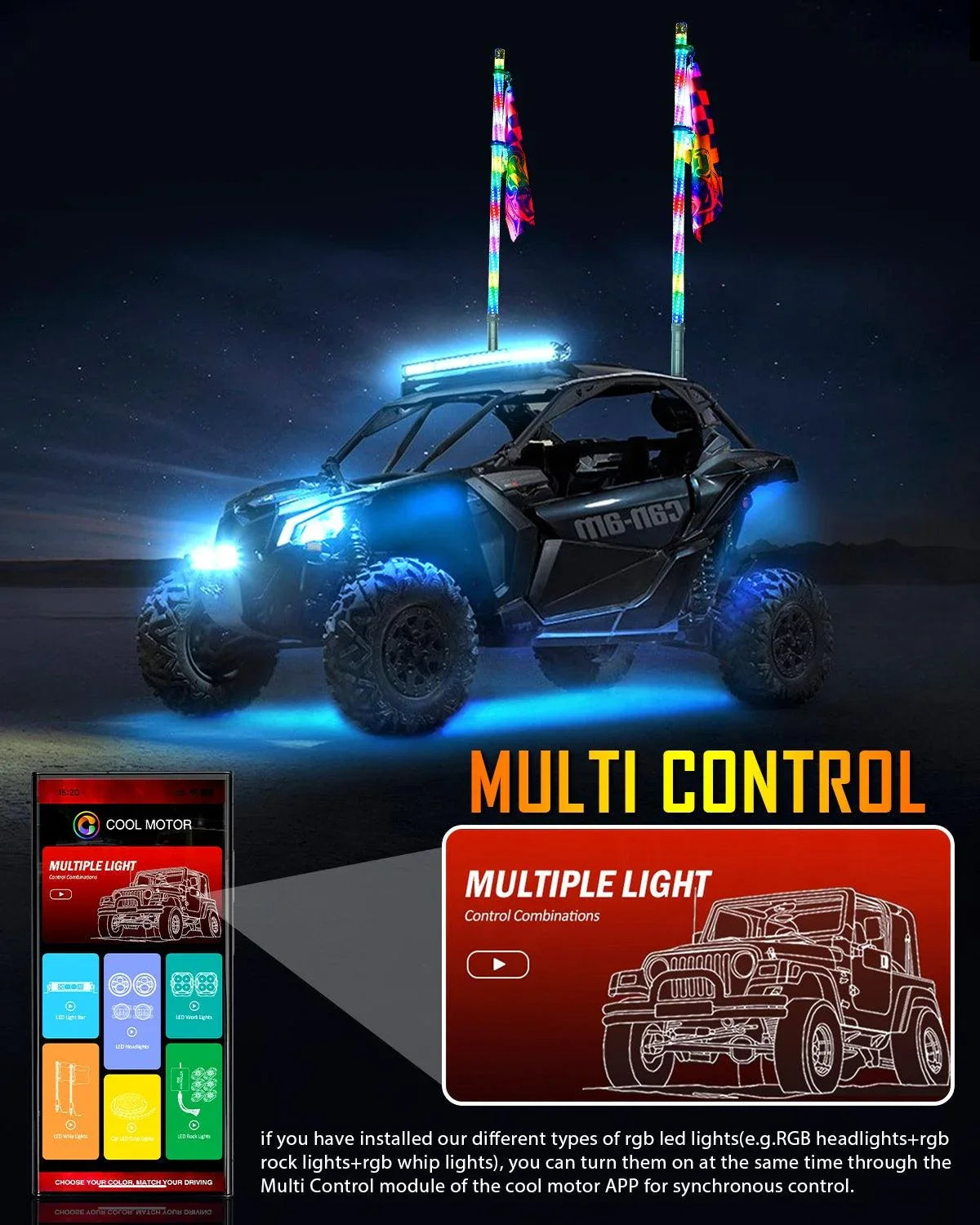 Auxbeam RGB LED Whip Lights — Turn Signal & Brake, Bluetooth App + Remote (Pair)