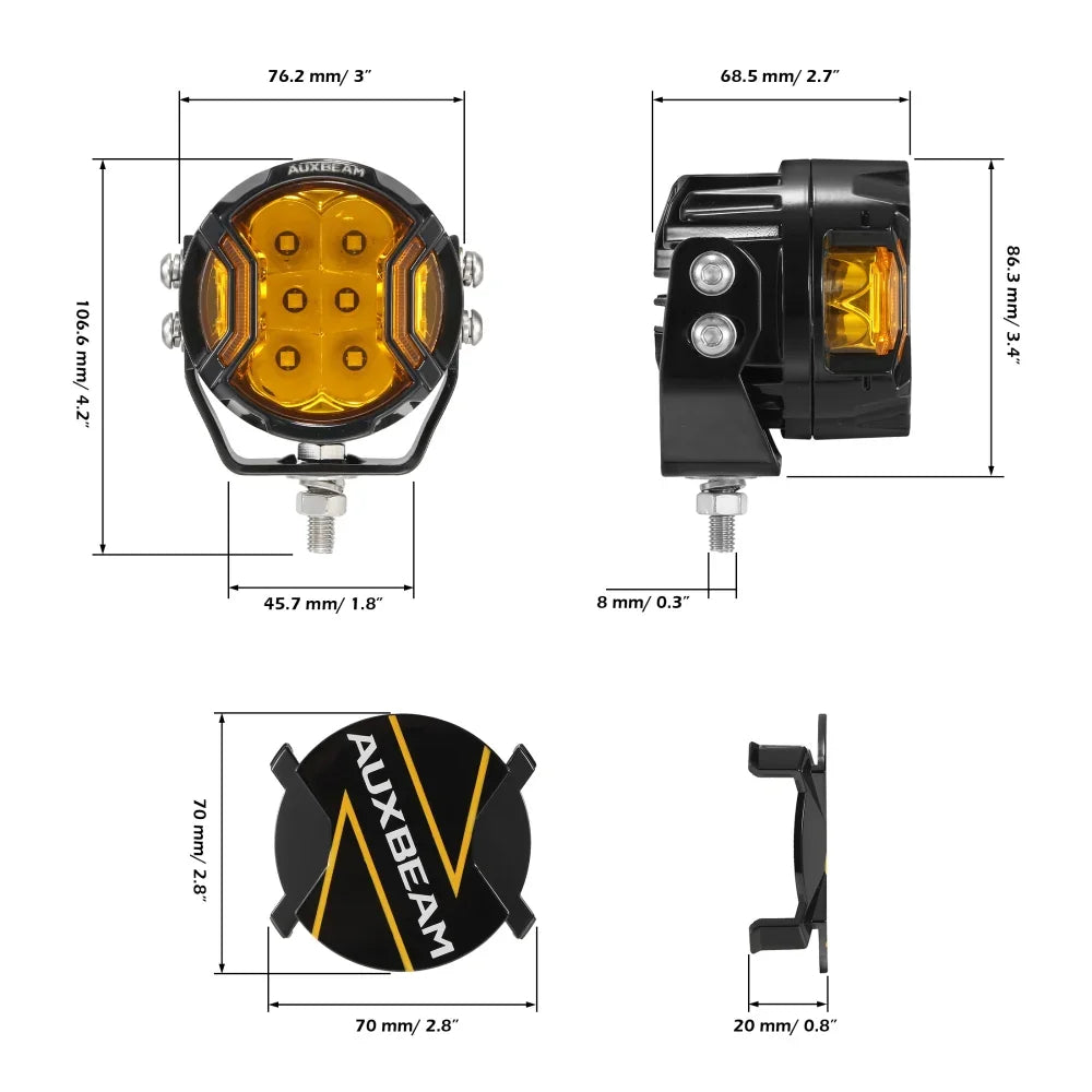 Auxbeam V-ULTRA Series 3" 108W Side-Shooter LED Pods — Amber + Amber DRL