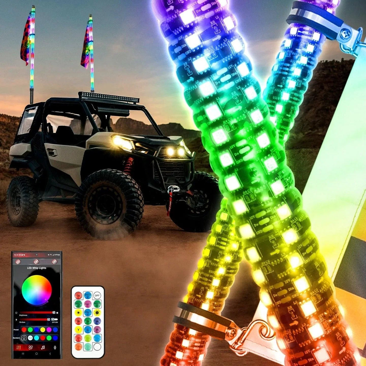 Auxbeam RGB LED whip lights with turn signal and brake