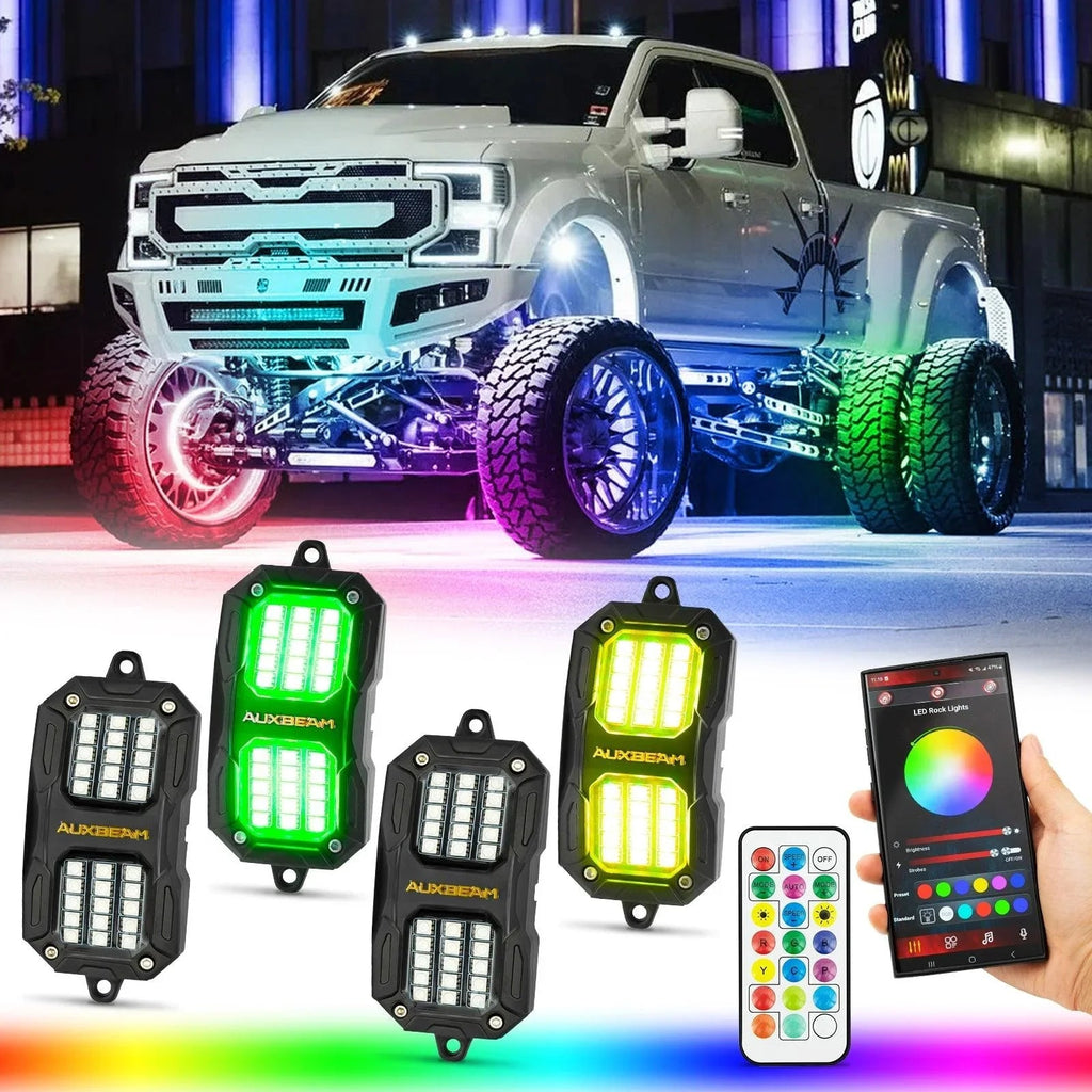 Auxbeam Vibrant Series RGB LED Rock Lights Kit — Bluetooth App + Remote
