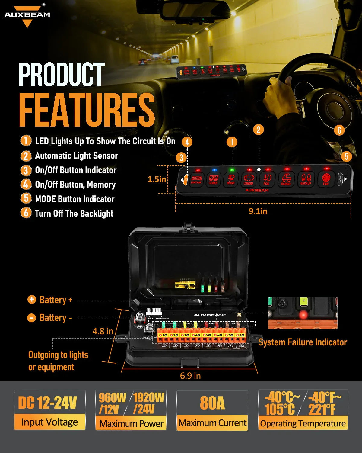 Auxbeam AS Series RGB Slim 8-Gang Switch Panel — 9.1 in, 80A
