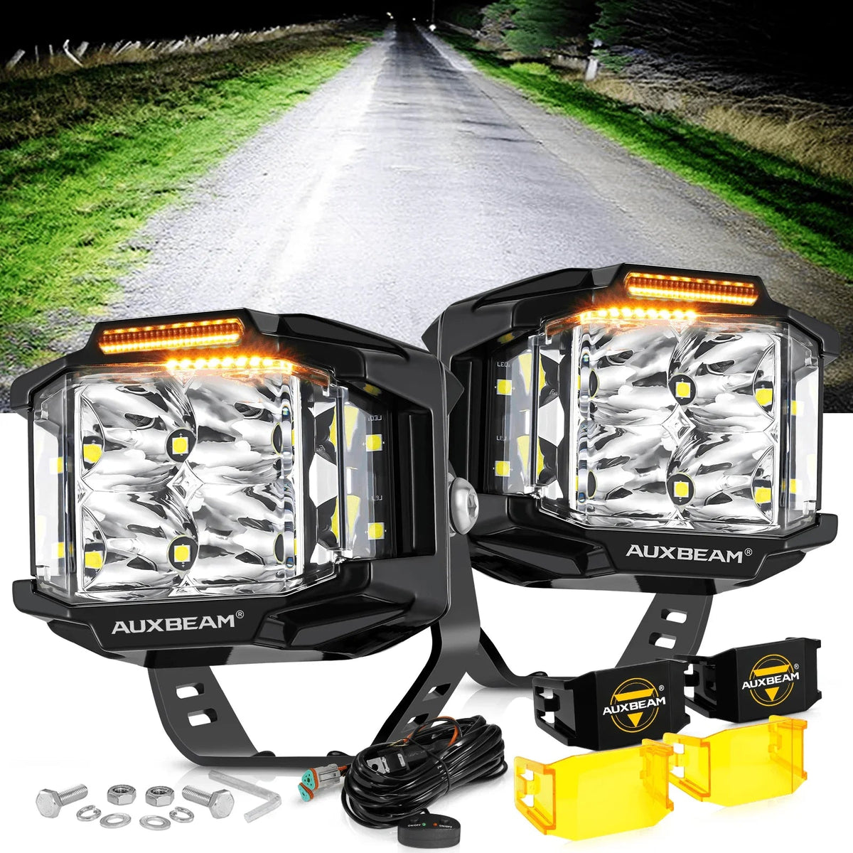 Auxbeam V-MAX 4 inch square side-shooter pods amber DRL