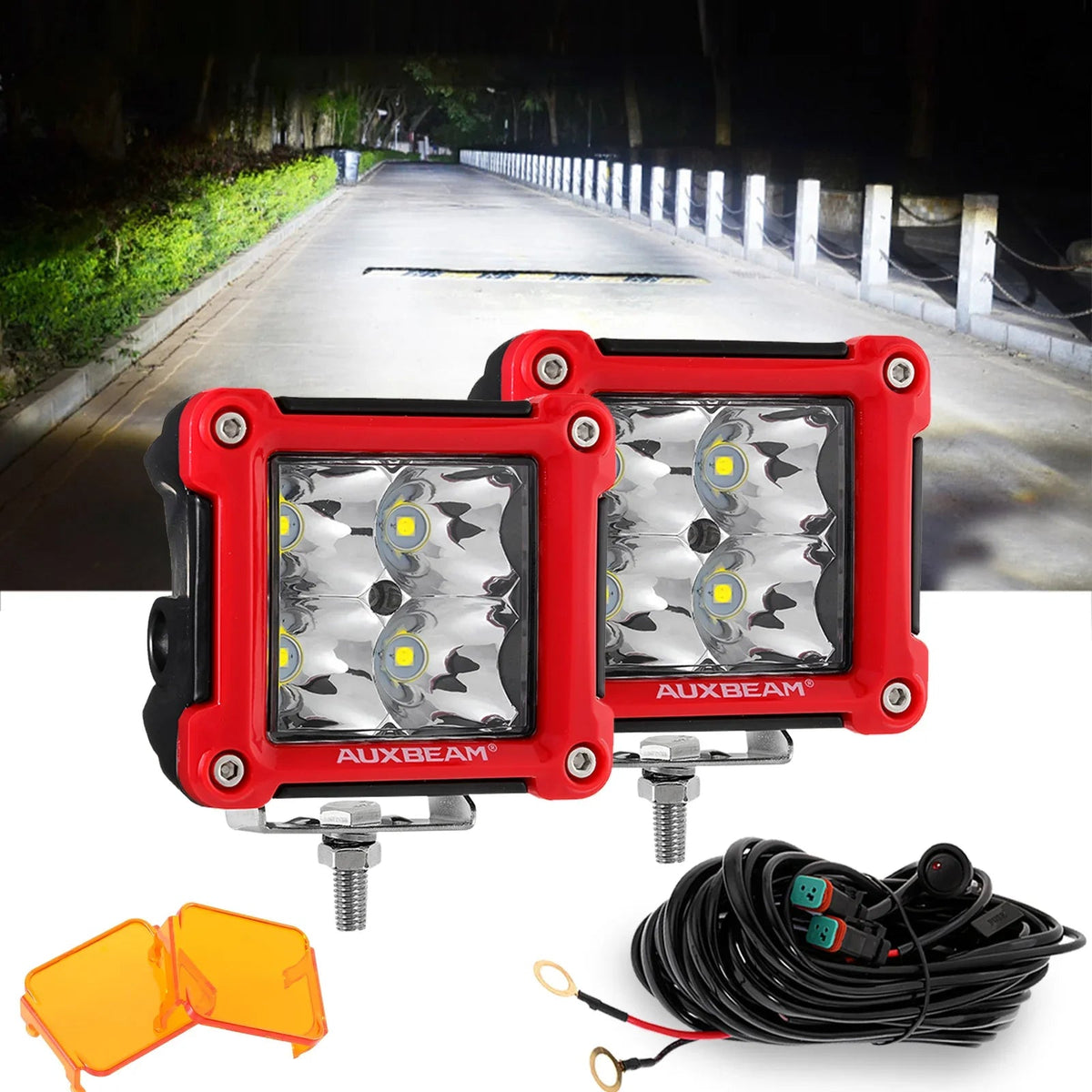 Auxbeam 3" LED Pods — Spot beam, Red frame