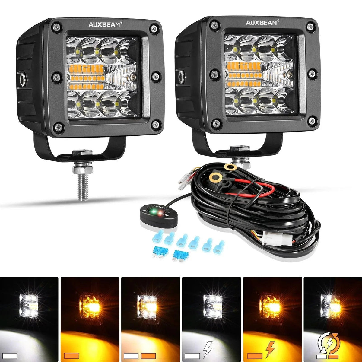 Auxbeam 3 inch 6-mode white amber square LED pods