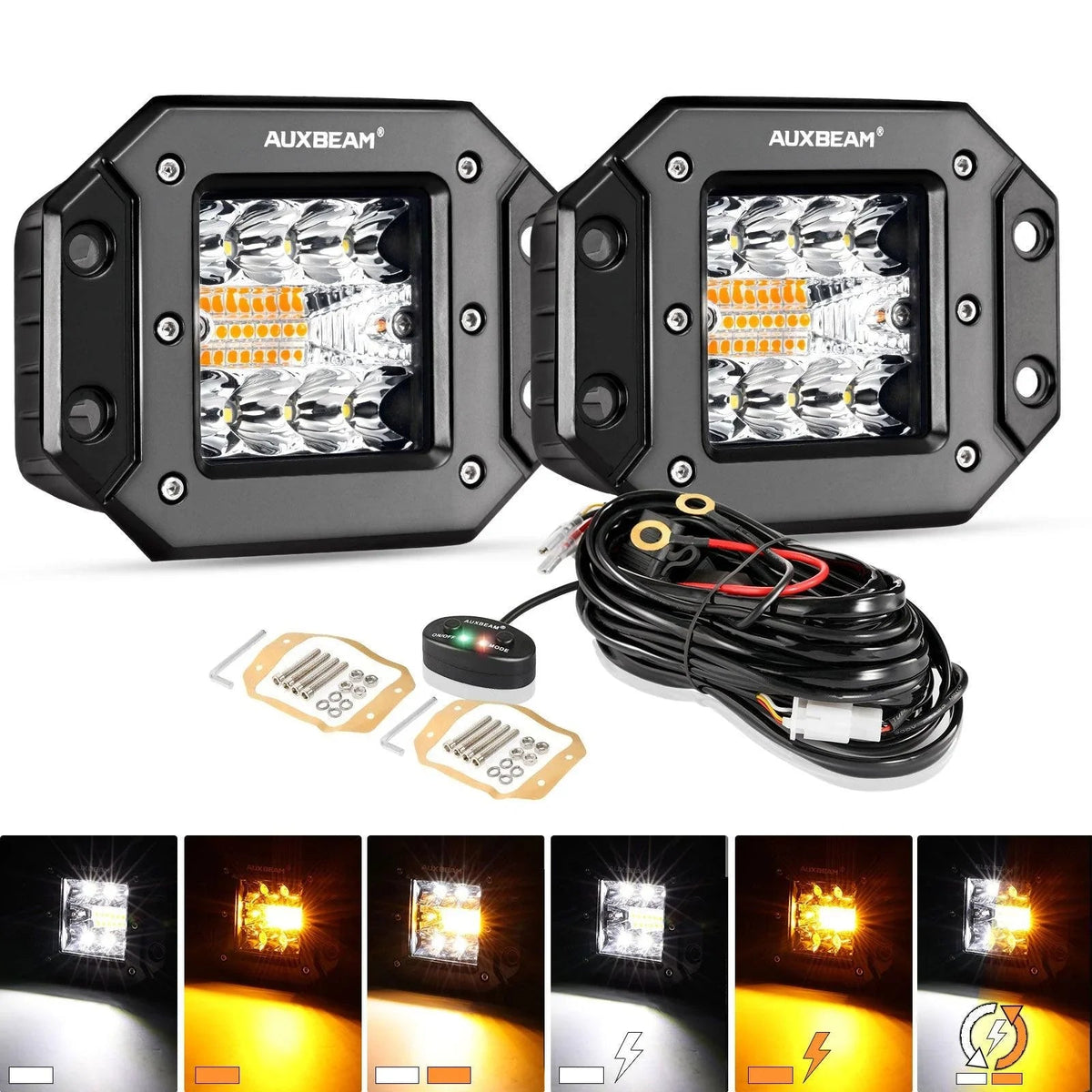 Auxbeam 3" 72W 6-Mode White & Amber Square LED Pods (Pair)