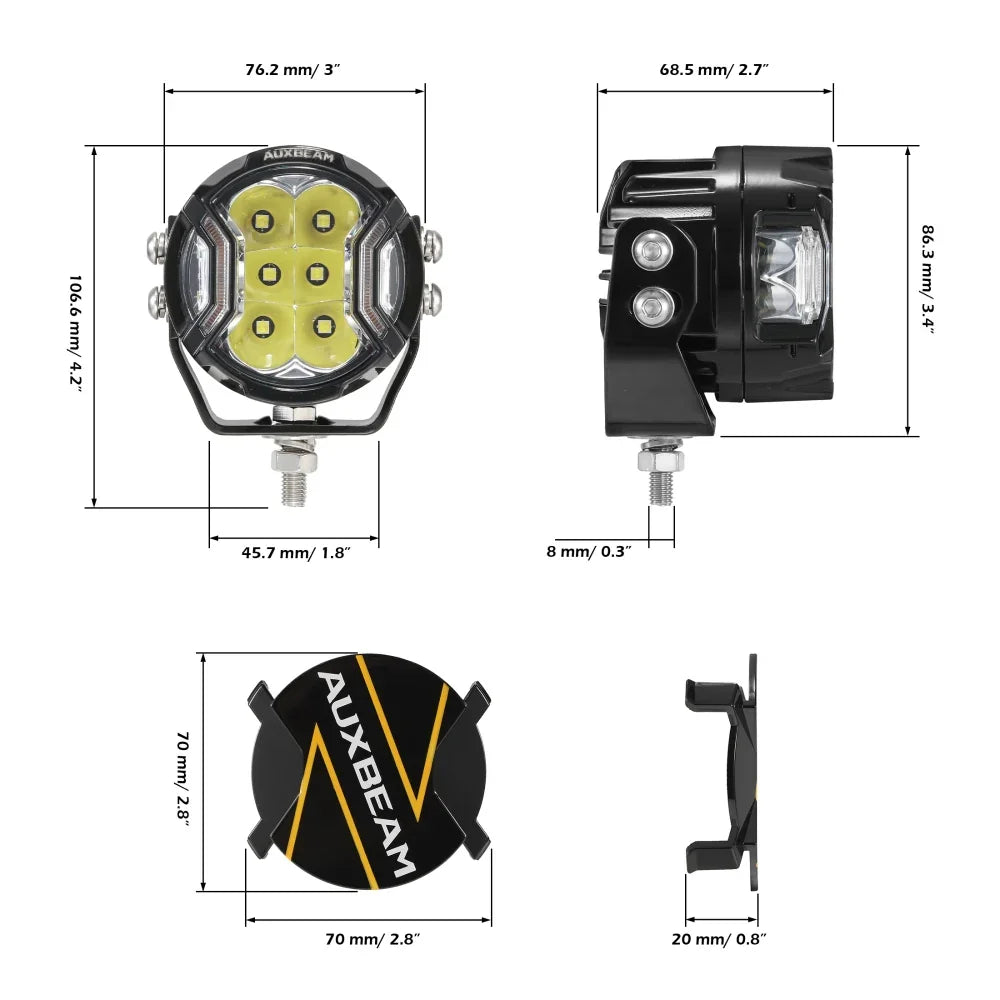 Auxbeam V-ULTRA Series 3" 108W Side-Shooter LED Pods — White + Amber DRL