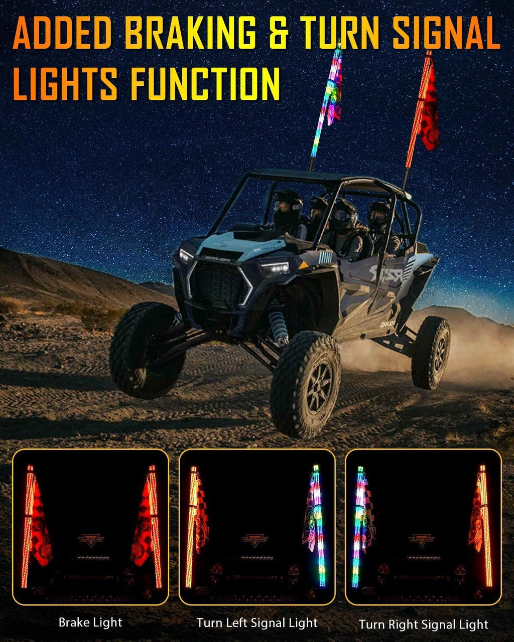 Auxbeam RGB LED Whip Lights — Turn Signal & Brake, Bluetooth App + Remote (Pair)