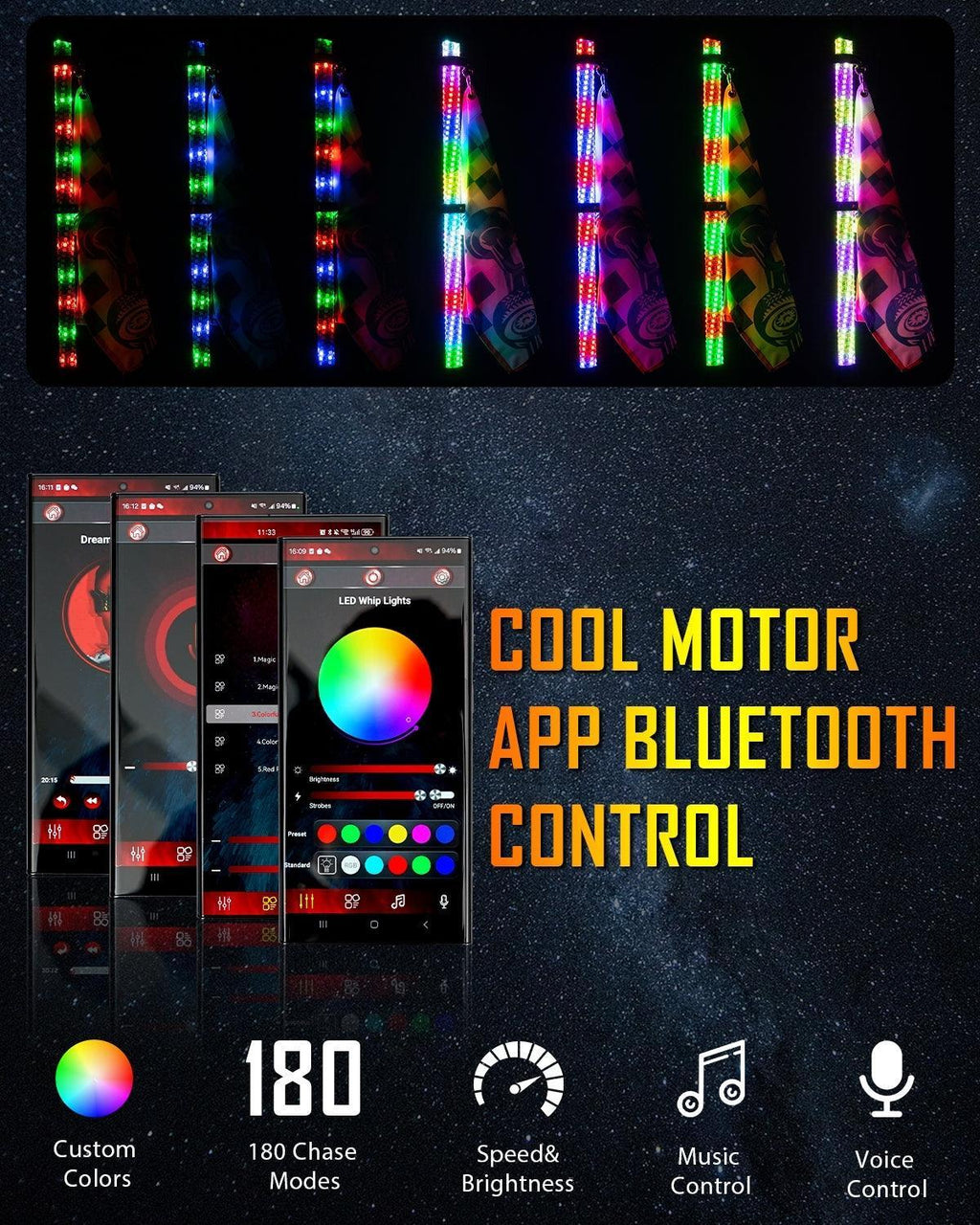 Auxbeam RGB LED Whip Lights — Turn Signal & Brake, Bluetooth App + Remote (Pair)