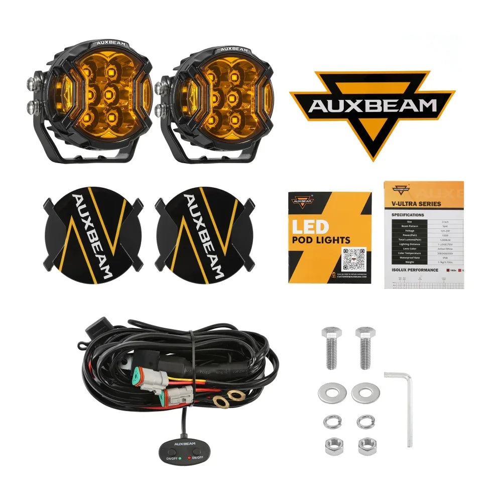 Auxbeam V-ULTRA Series 3" 108W Side-Shooter LED Pods — Amber + Amber DRL