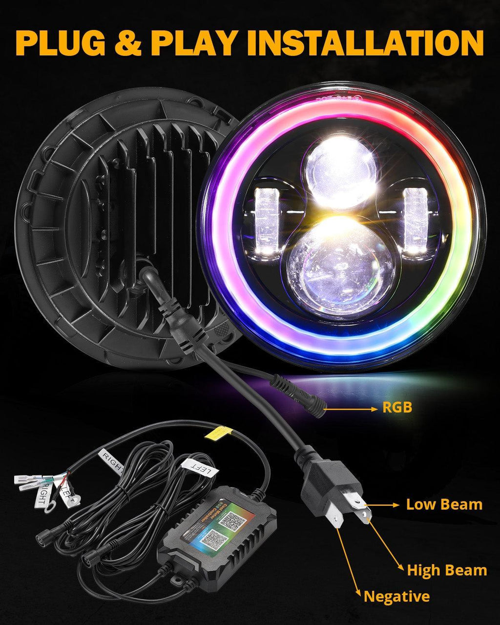 Auxbeam 7" RGB Halo LED Headlights for Jeep Wrangler JK / TJ / LJ (Pair)